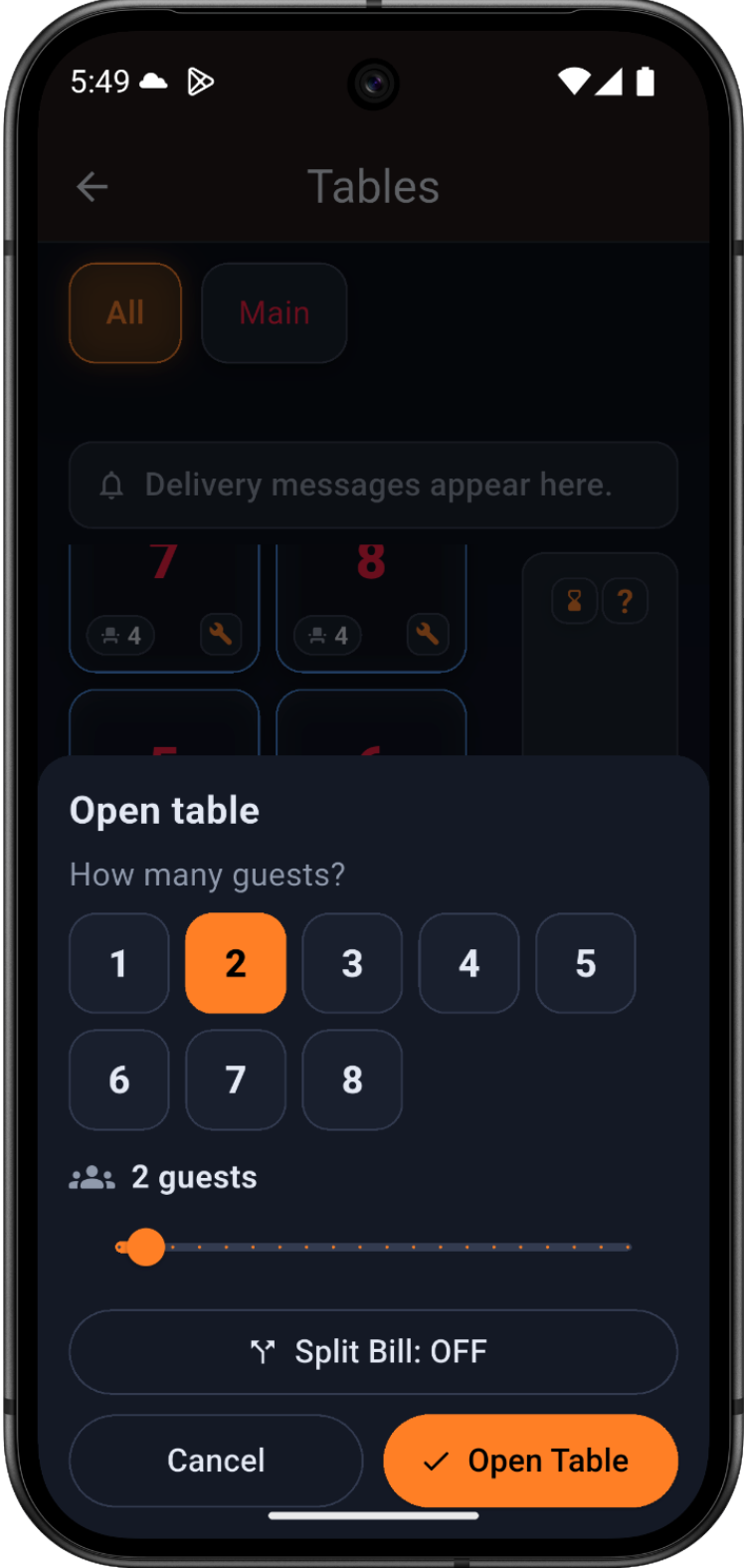 Open tables and split bills by guest