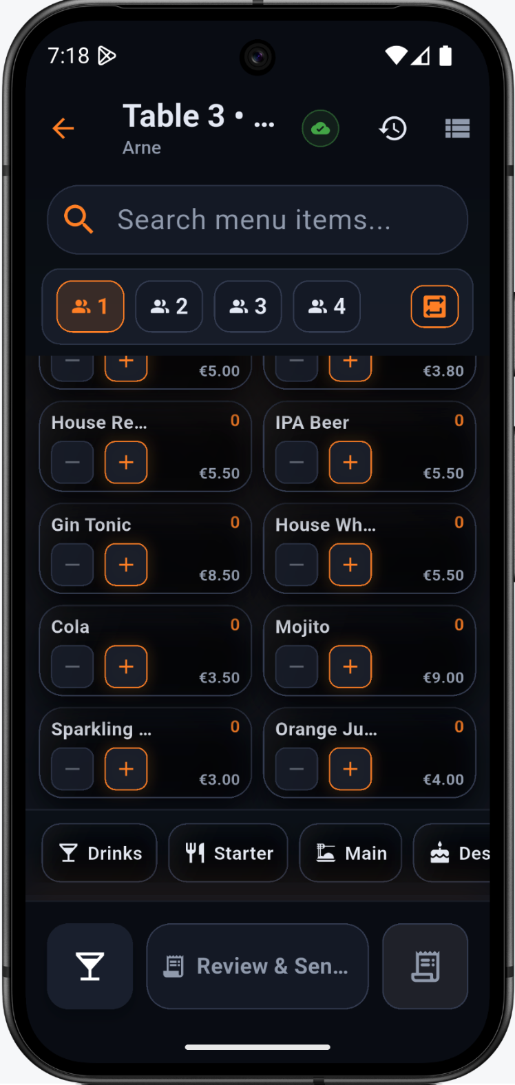 Fast table ordering interface